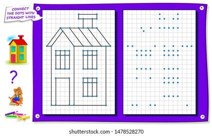 Repeat the image by example, connect the dots with straight lines and color the house. Logical puzzle game for kids on square paper. Printable page for children brainteaser book. IQ training test.