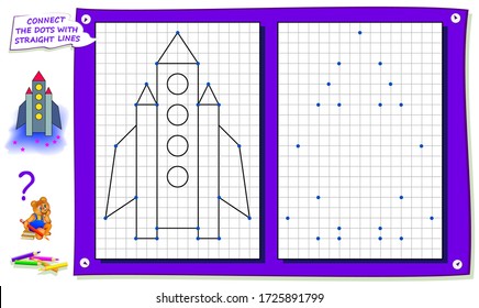 Repeat the image by example, connect dots with straight lines and draw rocket. Logic game for kids on square paper. Worksheet for children coloring book. Flat vector illustration. Online education.