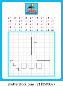 Wiederholen Sie das Bild zum Beispiel, verbinden Sie die Punkte mit geraden Linien und färben Sie das Bild. Logisches Puzzlespiel für Kinder auf Quadratpapier. Printable Seite für Kinder Hirnerzähler Buch. IQ-Schulungstest.