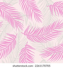 Repetir el patrón vectorial de hojas de palma de la jungla. Diseño floral sobre fondo de textura de olas. Hojas de palmera antiguas impresas. Diseño vegetal de hojas verdes. Antecedentes del afiche de viajes.