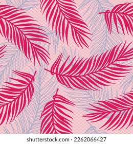 Repetir el patrón vectorial de hojas de palma de la jungla. Elementos botánicos sobre fondo de textura de ondas. Elegante ilustración de ramas de palmera. La planta deja el diseño de la naturaleza. Contraste el envoltorio folicular.