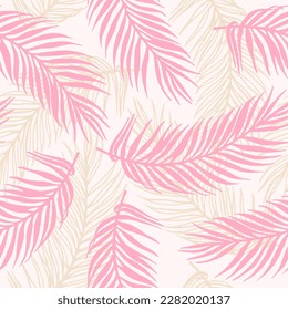 Repeat jungle palm leaves vector pattern. Floral design over waves texture background. Trendy palm tree branches print. Big leaves summer design. Subtropical foliage.