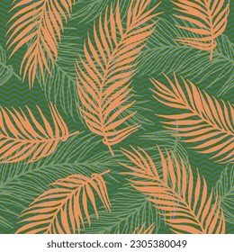 Repeat jungle palm leaves vector pattern. Botanical elements over waves texture backdrop. Colorful palm tree leaves illustration. Plant leaves summer pattern. Travel poster background.