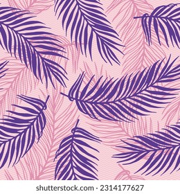 Repeat jungle palm leaves vector pattern. Botanical design over waves texture backdrop. Colorful palm tree leaves illustration. Plant leaves closeup design. Subtropical foliage.