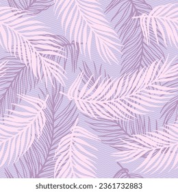 Repetir el patrón vectorial de hojas de palma de la jungla. Diseño botánico sobre fondo de textura de ondas. Las hojas de palmera orgánicas están impresas. La planta deja diseño de verano. Fondo del bosque lluvioso.