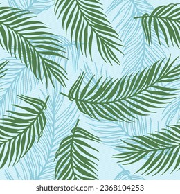 Repeat jungle palm leaves vector pattern. Floral design over waves texture background. Abstract palm tree branches wallpaper. Plant leaves greenery pattern. Botany decorative print