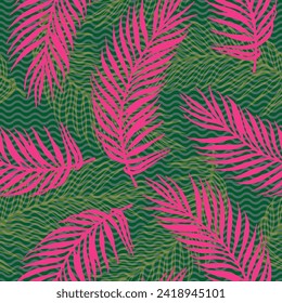 Repeat jungle palm leaves vector pattern. Botanical elements over waves texture background. Colorful palm tree branches wallpaper. Plant leaves nature design. Travel poster background.