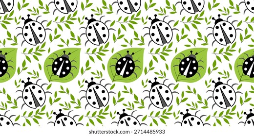 Repita joaninhas nas folhas. Bugs monocromáticos e verde deixa o fundo. Natureza padrão perfeito de joaninhas e vegetação. Design bonito para têxteis, decoração de casa, papelaria.