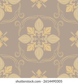 Repeat Luxury Seamless Baroque Scroll Florals Ornament on Light Tan Brown Background. Autumn Feels Golden Leaves Botany Large and Small Blooming with Hand Drawing Line Wines For Elaborate Rich Design