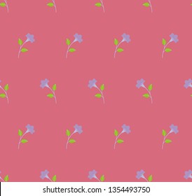 Repeat minimalist botanical pattern. Horizontal rows of flowers with stems and leaves. Red, light coral pink, bright salmon, green, violet colors. Seamless geometric pattern. Vector illustration.