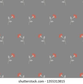 Repeat minimalist botanical pattern. Horizontal rows of flowers with stems and leaves. Red, light grey, pastel gray, neutral colors. Seamless geometric pattern. Vector illustration.