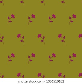 Repeat minimalist botanical pattern. Horizontal rows of flowers with stems and leaves. Burgundy, red, magenta, olive green, swamp green, khaki colors. Seamless geometric pattern. Vector illustration.
