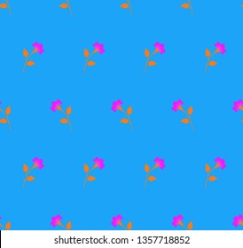 Repeat minimalist botanical pattern. Horizontal rows of flowers with stems and leaves. Bright orange, pink, magenta, light blue, azure colors. Seamless geometric pattern. Vector illustration.