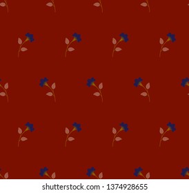 Repeat minimalist botanical pattern. Horizontal rows of flowers with stems and leaves. Maroon, burgundy, red and blue colors. Vintage, retro palette. Seamless geometric pattern. Vector illustration.