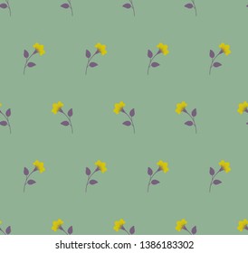 Repeat minimalist botanical pattern. Horizontal rows of flowers with stems and leaves. Yellow, violet, pastel grey green color. Vintage, retro palette. Seamless geometric pattern. Vector illustration.