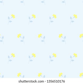 Repeat minimalist gentle botanical pattern. Horizontal rows of flowers with stems and leaves. Yellow, light blue, soft, pastel colors. Seamless geometric pattern. Vector illustration.