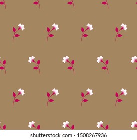 Repeat minimalist gentle botanical pattern. Horizontal rows of flowers with stems and leaves. Light soft, pastel colors. Seamless symmetrical geometric pattern. Vector illustration.