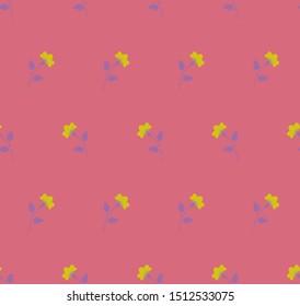 Repeat minimalist gentle botanical pattern. Horizontal rows of flowers with stems and leaves. Light soft, pastel colors. Seamless symmetrical geometric pattern. Vector illustration.