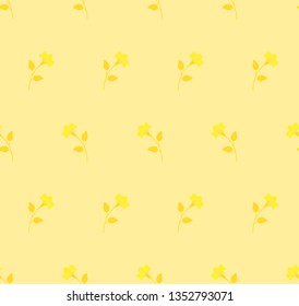 Repeat monochrome botanical pattern. Horizontal rows of flowers with stems and leaves. Orange, yellow, amber, warm pastel colors. Seamless monotone symmetrical geometric pattern. Vector illustration.