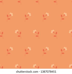 Repeat monochrome botanical pattern. Horizontal rows of flowers with stems and leaves. Orange, amber, warm pastel colors. Seamless monotone symmetrical geometric pattern. Vector illustration.
