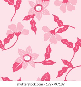 Repeat monochrome Daisy Wildflower Pattern with pink background. Seamless floral pattern. Stylish repeating texture.