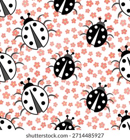Repeat monochrome ladybugs on cheerful floral background. Bugs and flowers background. Abstract seamless pattern of ladybugs. Cute design for textile, home decor, stationery.