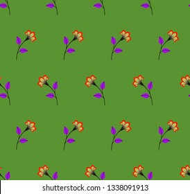 Repeat multicolored botanical pattern. Horizontal rows of flowers with stems and leaves. Red, purple, black, green, bright colors. Seamless geometric pattern. Vector illustration.