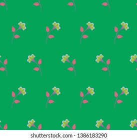 Repeat multicolored botanical pattern. Horizontal rows of flowers with stems and leaves. Purple, pink, red, green colors. Vintage, retro palette. Seamless geometric pattern. Vector illustration.