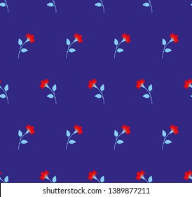 Repeat multicolored minimalist botanical pattern. Horizontal rows of flowers with stems and leaves. Bright blue, red, azure blue colors. Seamless symmetrical geometric pattern. Vector illustration.