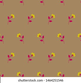 Repeat multicolored minimalist botanical pattern. Horizontal rows of flowers with stems and leaves. Light colors. Seamless symmetrical geometric pattern. Vector illustration.