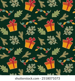 Repeat ornament with gift boxes, garland and branches. Christnas holiday decorations elements wallpaper. vector seamless pattern with a stickers. Texture for textile or wrapping paper on a dark.