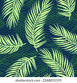 Repeat paradise palm leaves vector pattern. Botanical design over waves texture background. Abstract palm tree branches wallpaper. Big leaves greenery pattern. Travel poster background.