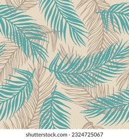 Repeat paradise palm leaves vector pattern. Botanical design over waves texture background. Abstract palm tree branches illustration. Herbarium leaves nature design. Contrast foliage wrapper.