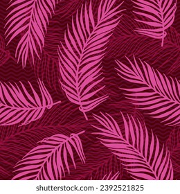 Repeat paradise palm leaves vector pattern. Floral elements over waves texture background. Organic palm tree branches wallpaper. Plant leaves closeup design. Travel poster background.