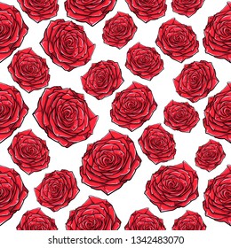 Repeat patterg with han drawn red roses, sketch of red roses, vector illustration