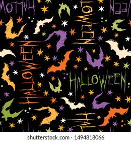 Repeat pattern of bats and Halloween word vector on black background with stars. Perfect for fabric, invitations, textile, scary wrapping paper.