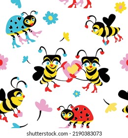 repeat pattern of bees and ladybugs with background of abstract flowers in blue, pink and yellow