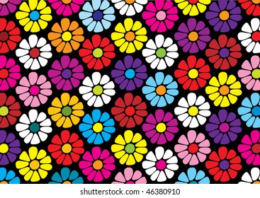 Repeat pattern of bright daisy flower vectors on yellow background