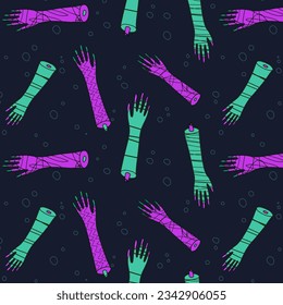 Repeat pattern of cartoon purple and turquoise zombie hands on dark textured backdrop; scary hand drawn Halloween background.