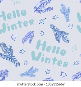 Repeat pattern Christmas floral composition with Hello winter phrase in simple hand drawn cartoon style for greeting cards, invitations, banner vector illustration 