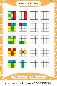 Repeat pattern. Cube grid with colorfull squares. Special for preschool kids. Worksheet for practicing fine motor skills. Improving skills tasks. Green A4. Snap game. 4x4. Vector