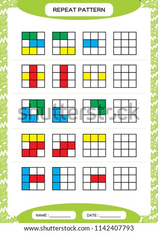 Repeat pattern. Cube grid with colorfull squares. Special for preschool kids. Worksheet for practicing fine motor skills. Improving skills tasks. Green A4. Snap game. 3x3. Vector