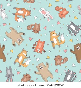 Repeat pattern of cute woodland creatures on a blue background