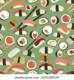 Repeat pattern with delicious hand drawn sushi and chopsticks seamless pattern.