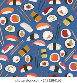 Repeat pattern with delicious hand drawn sushi and chopsticks seamless pattern.