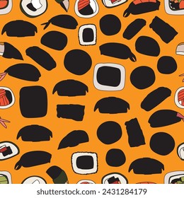 Repeat pattern with delicious hand drawn sushi and chopsticks seamless pattern.