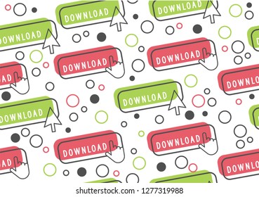 Repeat pattern with download download button with hand icon and download button with Cursor icon, vector flat illustration isolated on white baclground