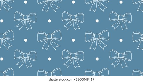 Repeat pattern featuring bows and dots on a blue background, ideal for textiles, wallpapers, and decorative designs.