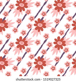 Repeat pattern with flowers in red and pink on white background. Hand drawn for fabric, wallpaper, packaging design .