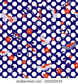 Repeat pattern in half drop in flat style. Dancing on high heels with flowers and music notes on a dance floor of polka dots in a limited color palette blue, red and white. Vector.